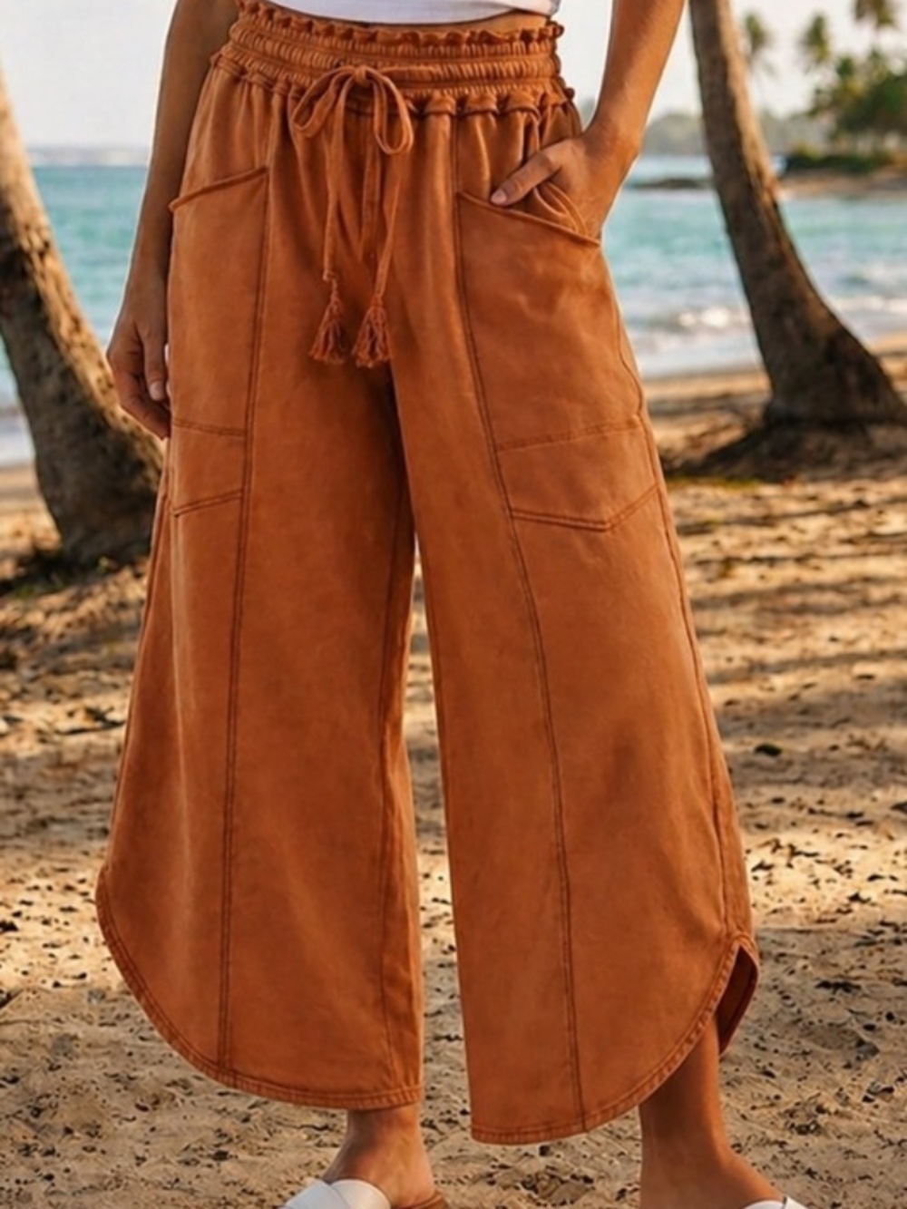 LovLov Camel Mineral Wash Soft Casual Tulip Hem Pants